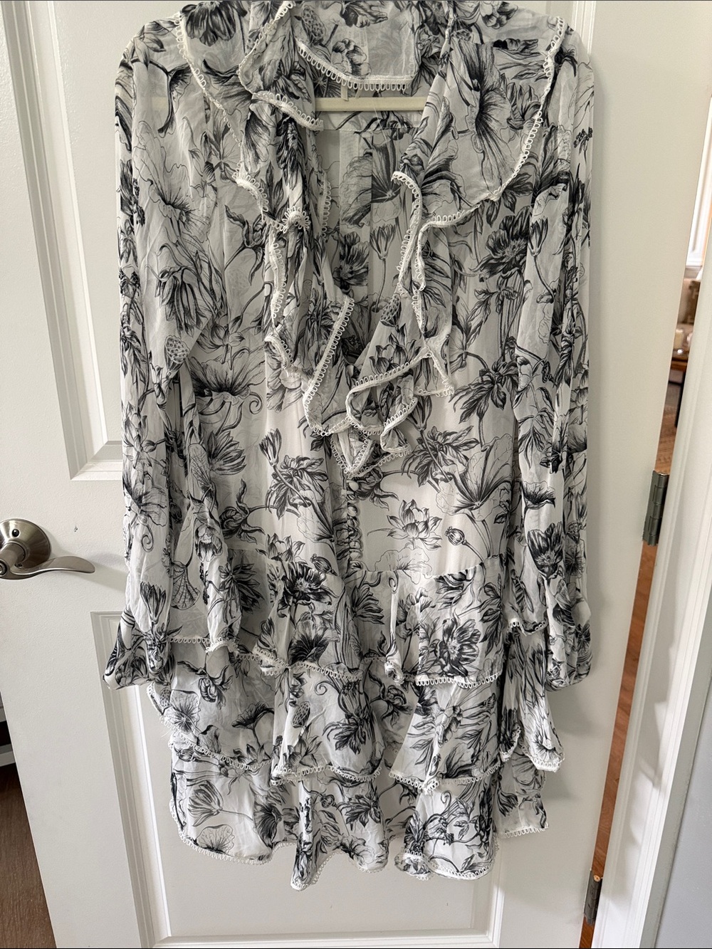 Anthropologie Black & White Floral Ruffle Tunic